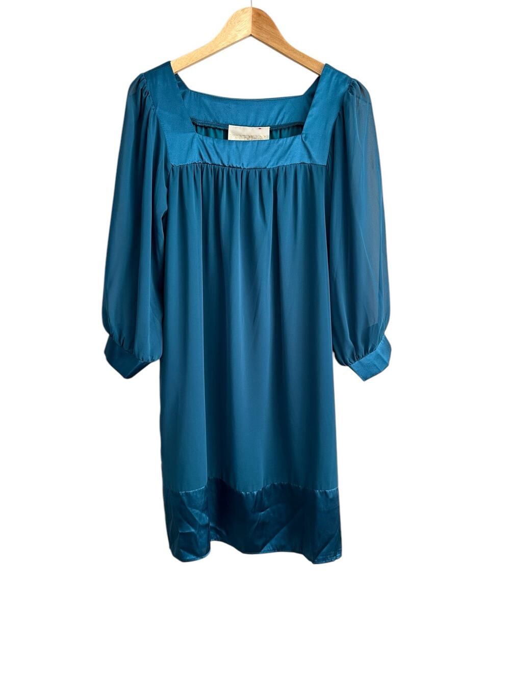 NEW Thread Social Teal Green Square Neck Knee Length Long Sheer Sleeve Dress 12